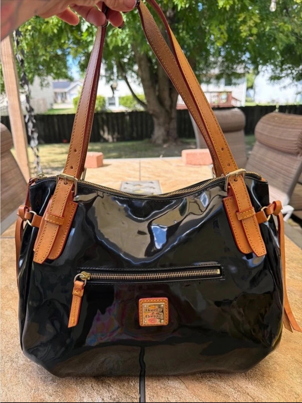 Dooney & Bourke Black Patent Leather Shoulder Bag with Tan Trim